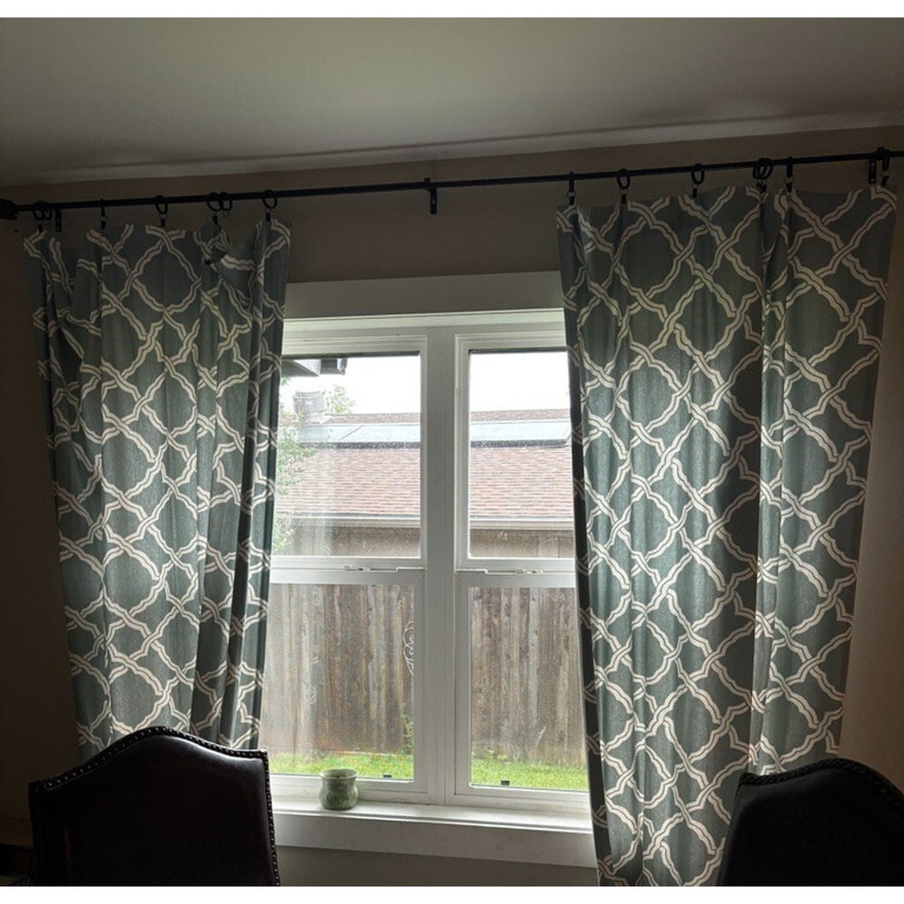 Pottery Barn Curtain Panels Lined Cotton Geometric Blue‎ White w/ Rings Kendra